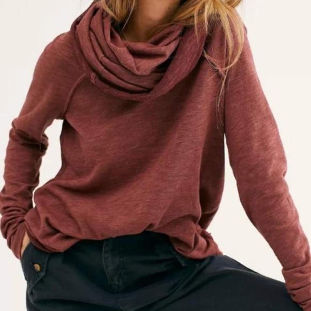 FP Beach Free People Womens Long Sleeve Cocoon Cowl Pullover Terracotta One Size